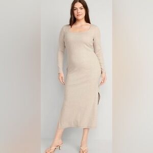 Old Navy Dress SzXL Fitted Rib Knit Maxi Oatmeal Color Long Feminine Casual